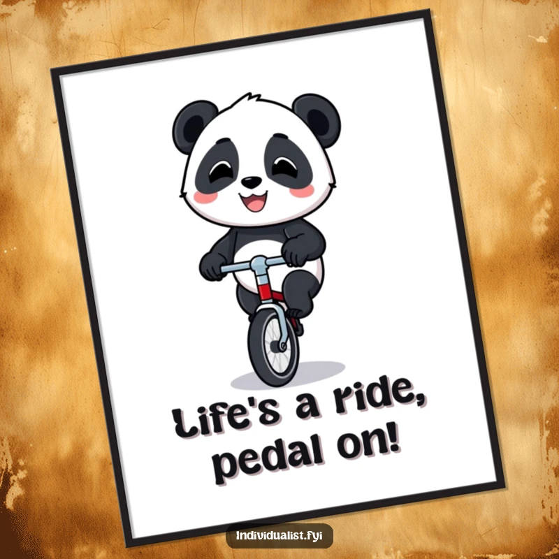 Funny Free Printable Wall Art: A happy panda with a proud grin rides a tiny unicycle, adding humor to decor.
