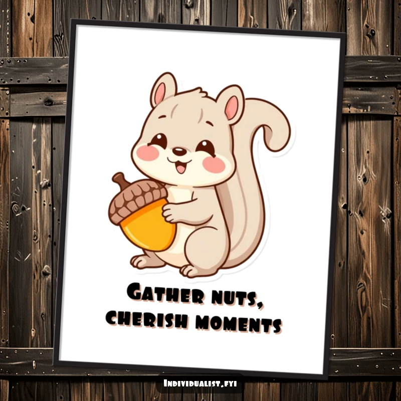 Funny Free Printable Kawaii Squirrel Wall Art, a delighted squirrel holding a brightly colored, uniquely shaped acorn, ideal for downloadable decor.