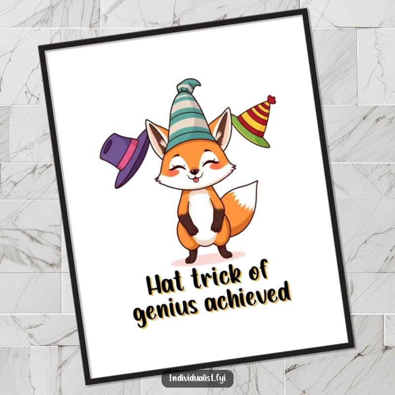 Funny Free Printable Wall Art: A charismatic fox juggling three eccentric hats with impressive skill, adding vibrant fun to your decor.