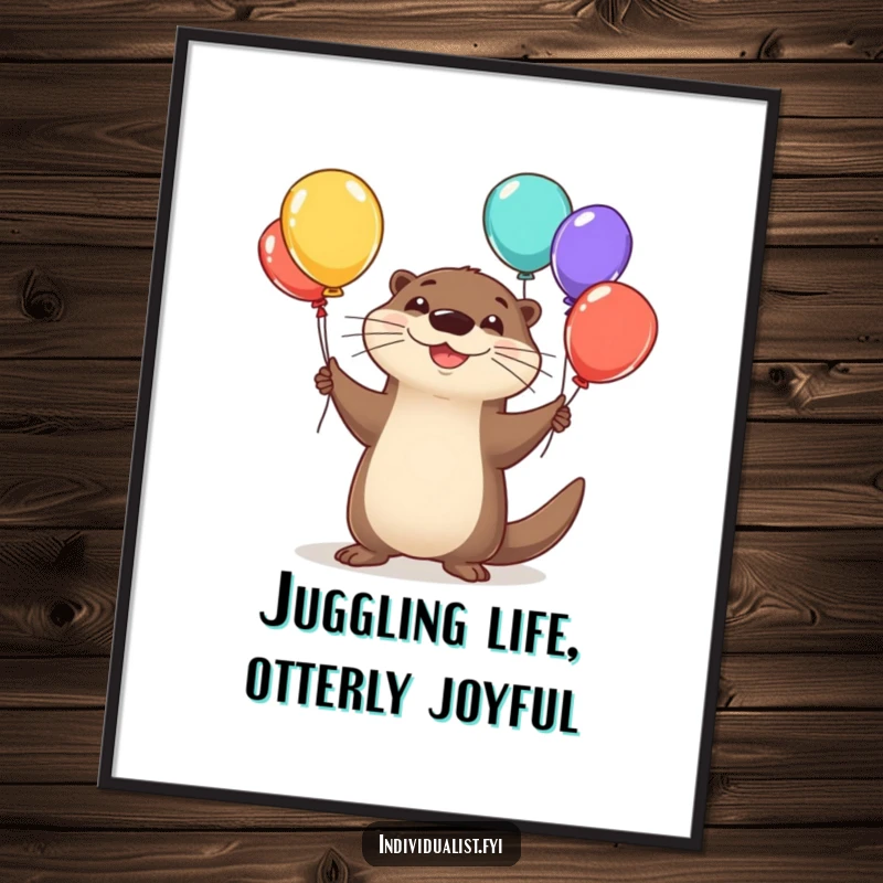 Funny Free Printable Wall Art: Happy otter juggling a cluster of colorful, odd-shaped balloons with a wide, silly grin.