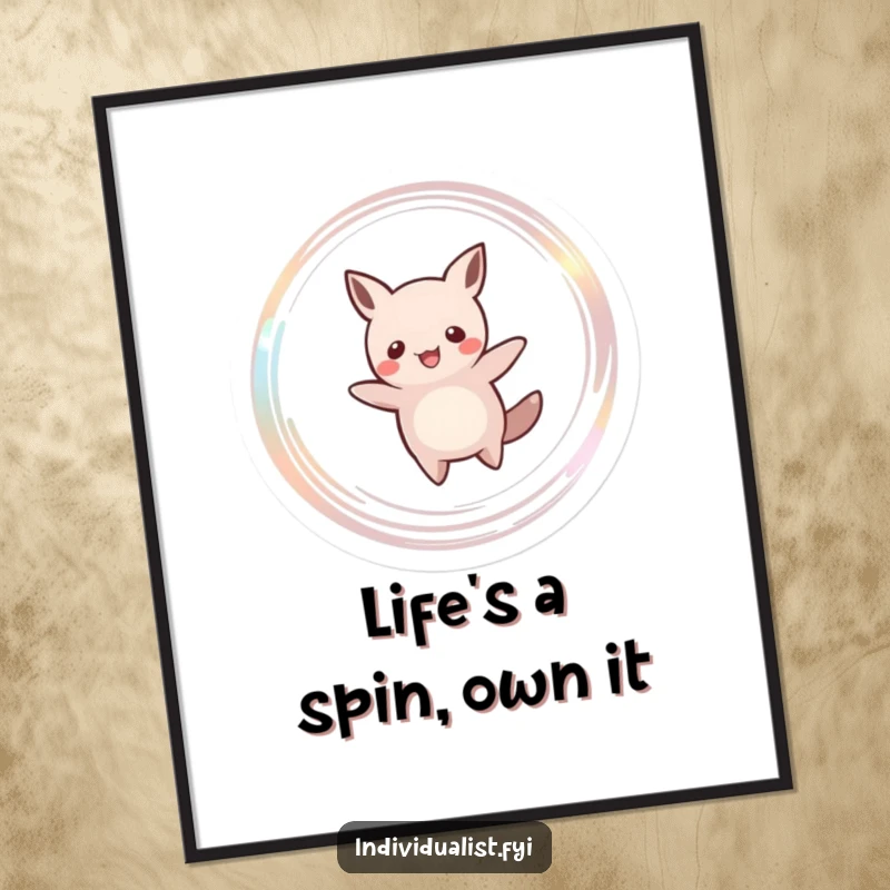 Funny Free Printable Wall Art of a happy, unusually shaped creature spinning exuberantly, leaving a sparkling trail. Downloadable art for vibrant rooms.