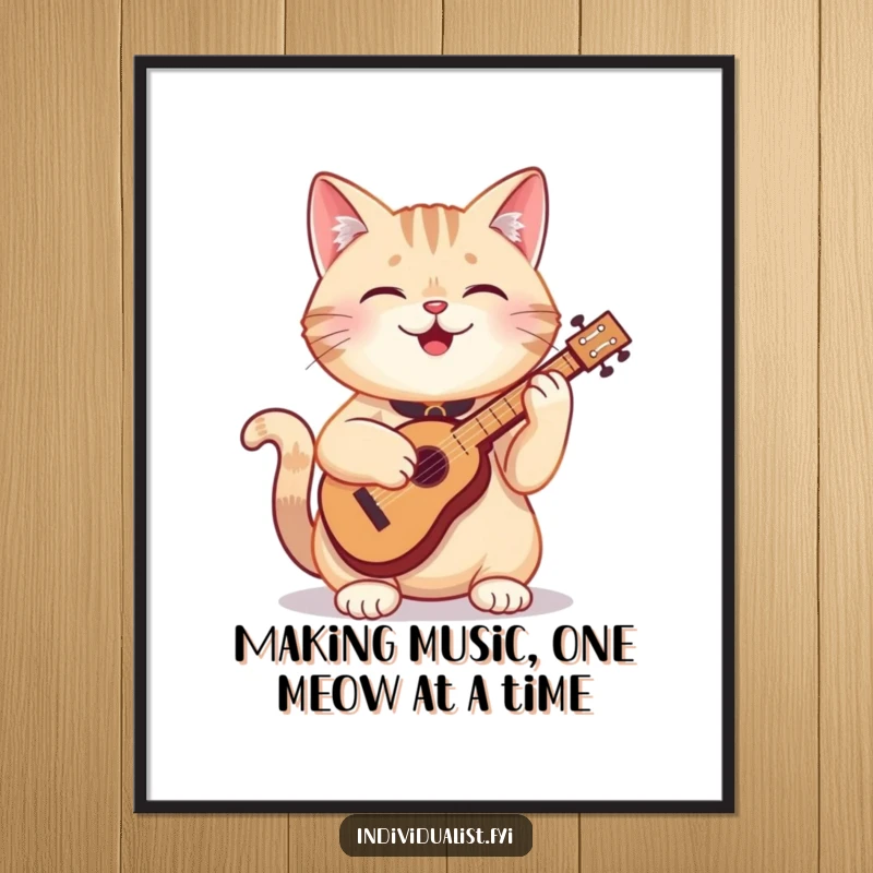 Funny Free Printable Wall Art of a happy cat enthusiastically playing a miniature, unusual musical instrument in a colorful setting.
