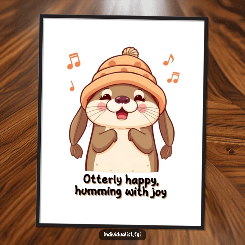 Funny Free Printable Wall Art: A smiling otter sporting a unique, handmade hat and humming a happy, gentle tune.