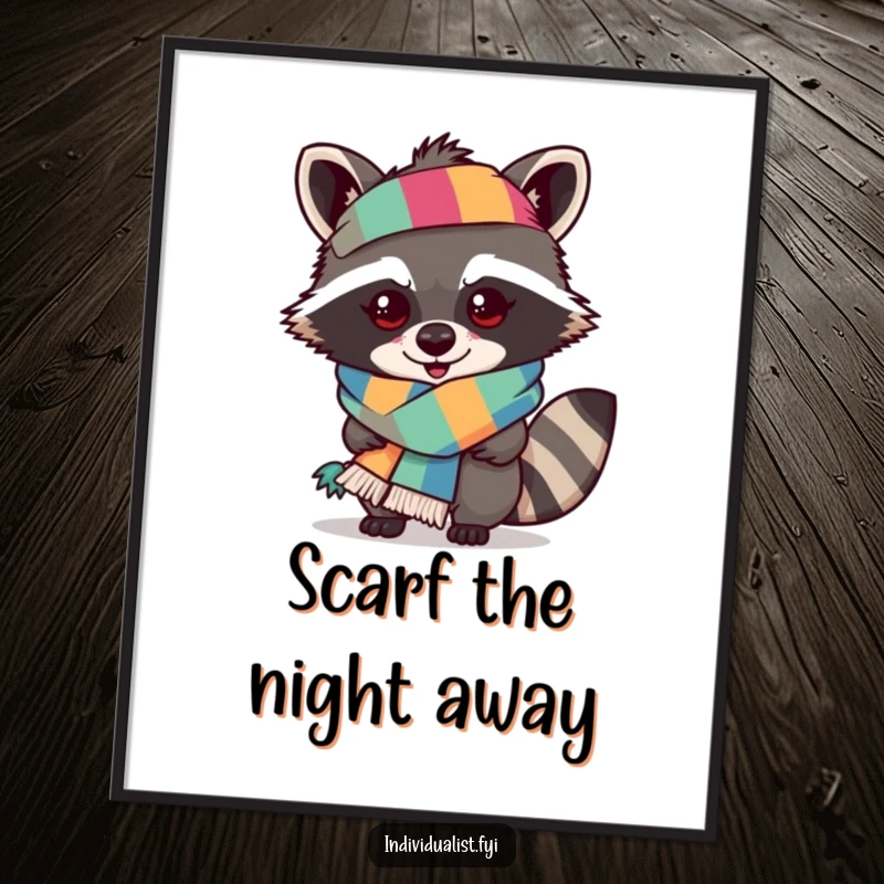 Funny Free Printable Wall Art: Mischievous raccoon proudly modeling an outrageous, multi-colored scarf, adding quirky charm.