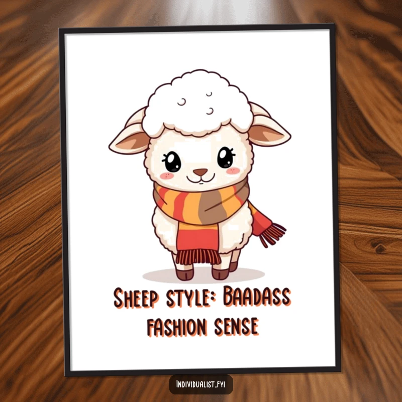 Funny Free Printable Wall Art: A fluffy sheep posing confidently while wearing an oversized, stylish, and quirky scarf.