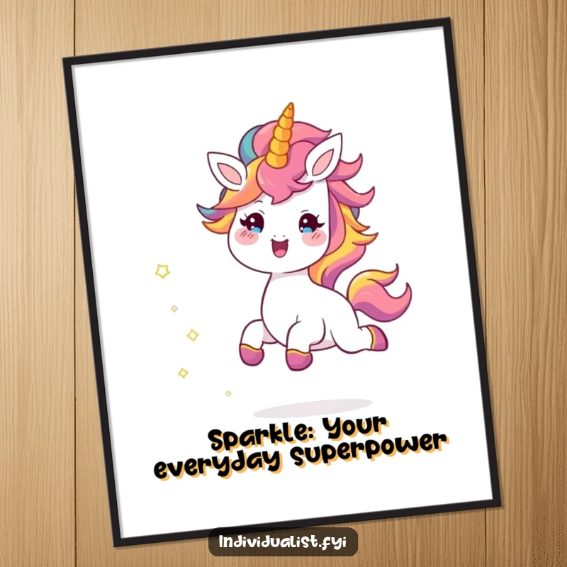 Funny Free Printable Wall Art: A cheerful creature with a unique, brightly colored mane skipping joyfully across the space, trailing sparkles.