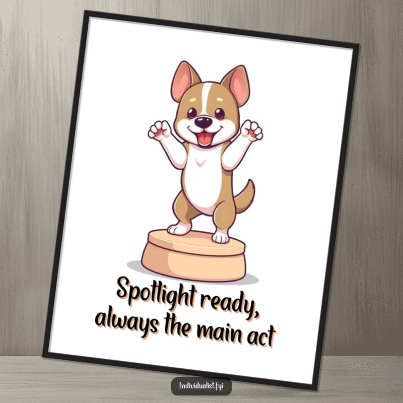 Funny Free Printable Wall Art: Dog striking a dramatic pose on a small platform, showcasing theatrical personality and humor.