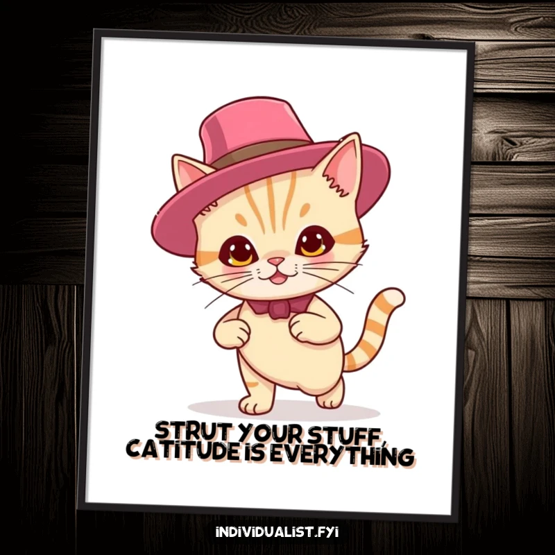 Funny Free Printable Wall Art: Confident cat in a unique, flamboyant hat striding forward with a knowing smirk, stylish decor.
