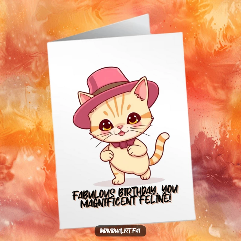 Funny Free Printable Birthday Card: Confident cat in a flamboyant hat smirking with birthday cheer, a downloadable delight.