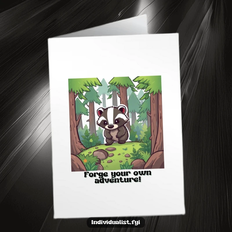 Funny Free Printable Birthday Card: A focused badger bravely making its own path through a thick, mysterious forest.