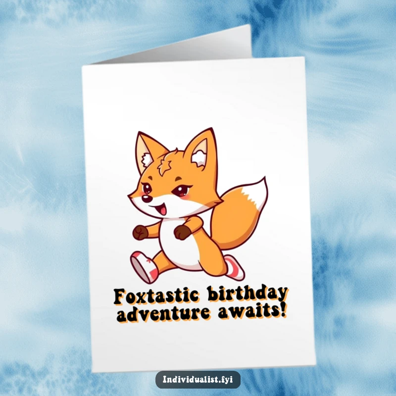 Funny free printable birthday card with a determined kawaii fox wearing mismatched socks, leaping joyfully with impressive flair.