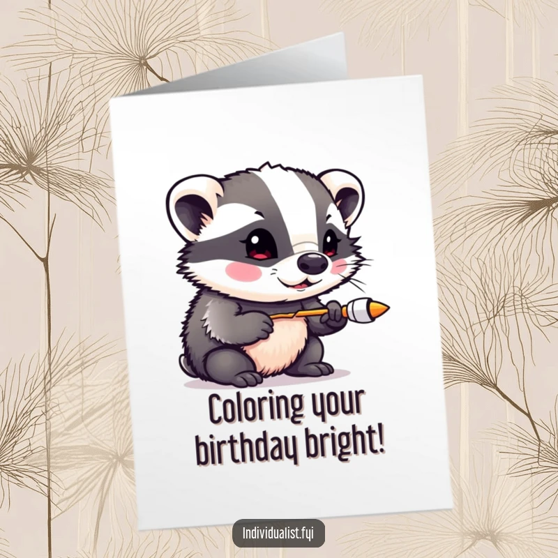 Funny free printable birthday card featuring a curious badger enthusiastically experimenting with vibrant, non-traditional colors, creating abstract art.