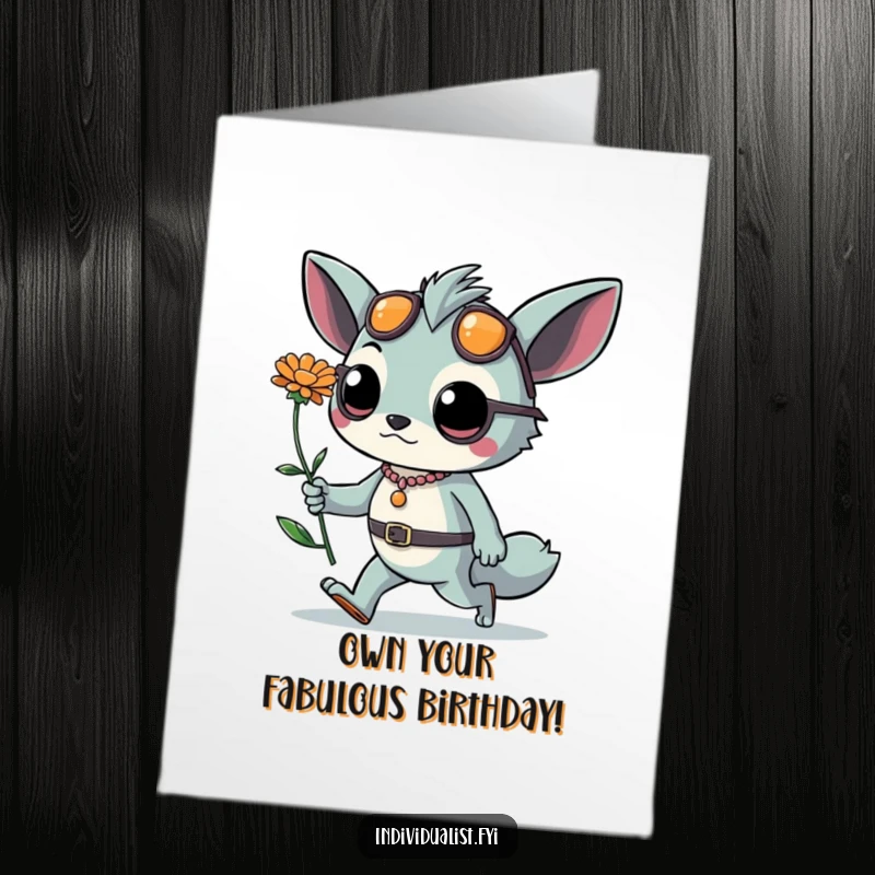 Funny Free Printable Birthday Card showcasing a confident creature with bold accessories holding a quirky flower. Downloadable art for stylish celebrations.