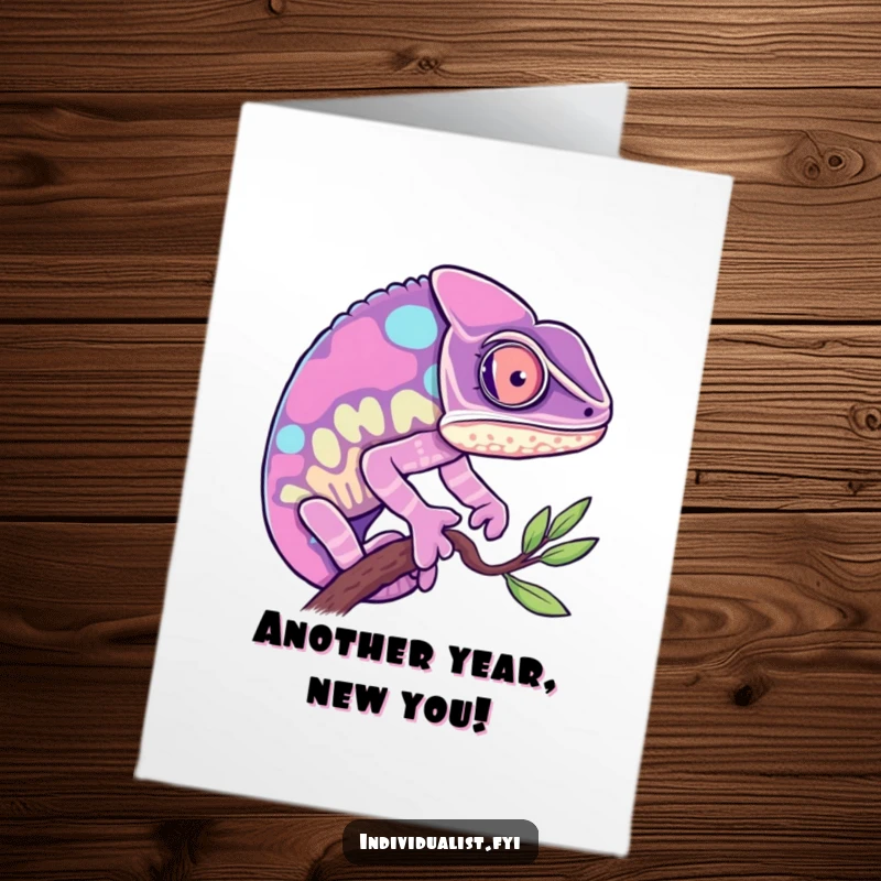 Funny Free Printable Birthday Card: A curious chameleon dramatically shifts to a single, bright color, ready to celebrate.