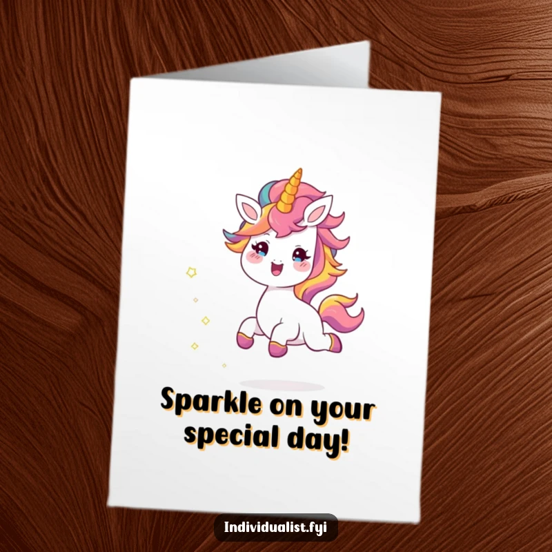 Funny Free Printable Birthday Card: Cheerful creature with colorful mane skipping joyfully, leaving a trail of sparkles and birthday cheer.