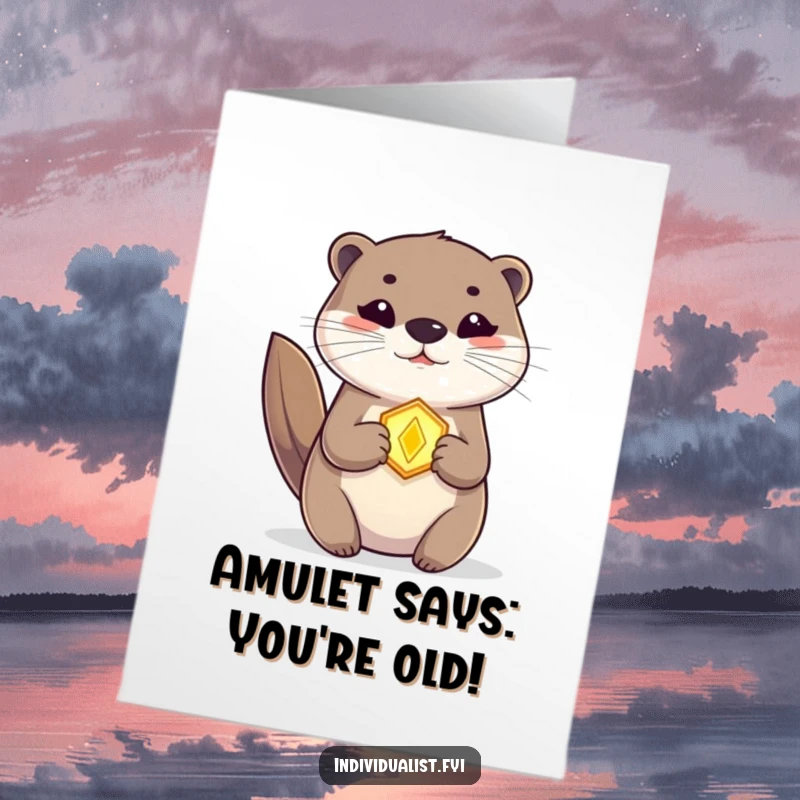 Funny Free Printable Birthday Card featuring a playful otter wearing a glowing magical amulet, ready to cast birthday wishes.