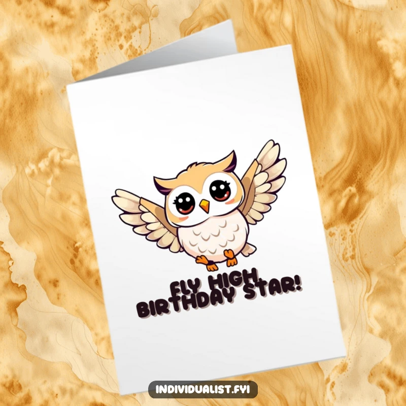 Funny Free Printable Birthday Card featuring a happy owl with a unique wing pattern soaring gracefully through a clear blue sky.