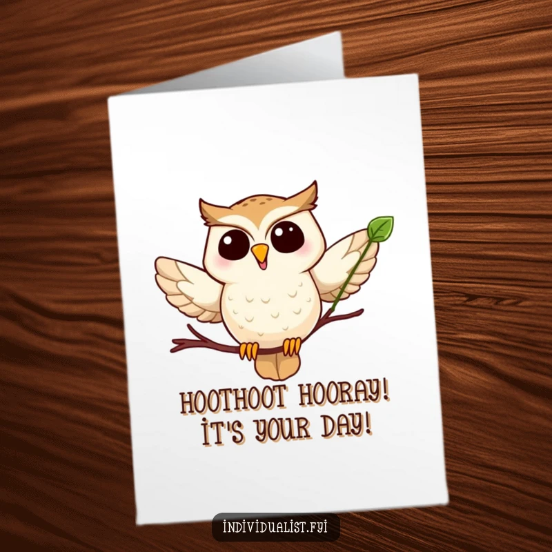 Funny Free Printable Birthday Card: Joyful owl soaring with a unique leaf, bringing birthday cheer and laughter.