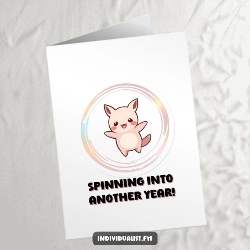 Funny Free Printable Birthday Card featuring a whimsical creature spinning joyfully, leaving a magical shimmering trail. Downloadable art for festive occasions.