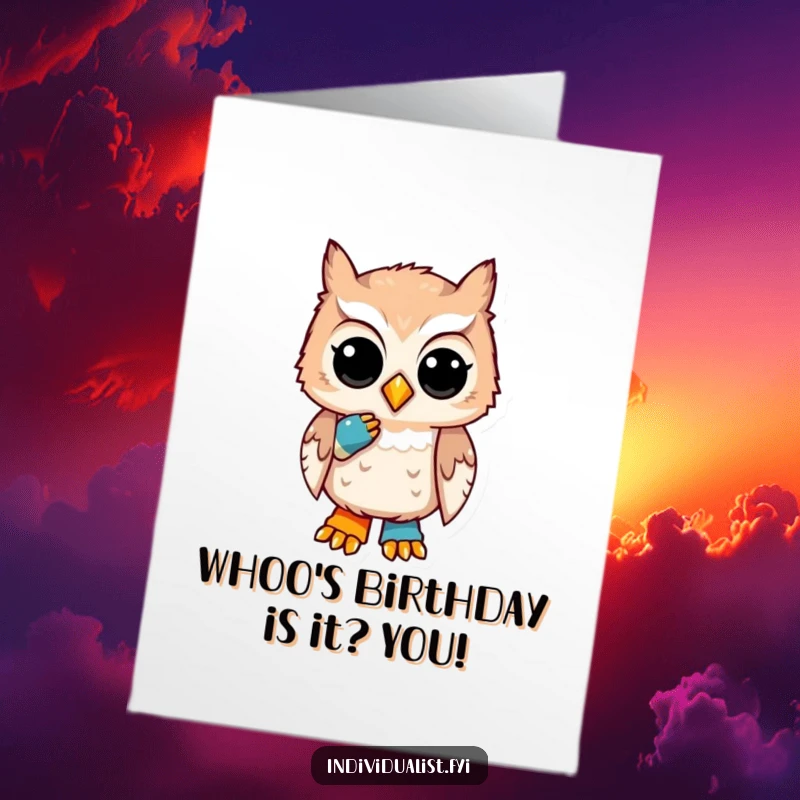 Funny Free Printable Birthday Card: A unique owl with a mismatched sock, looking thoughtful, perfect for a quirky birthday wish.