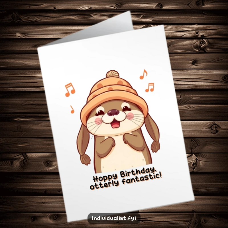 Funny Free Printable Birthday Card: A happy otter wearing a quirky handmade hat, joyfully humming a cheerful melody.