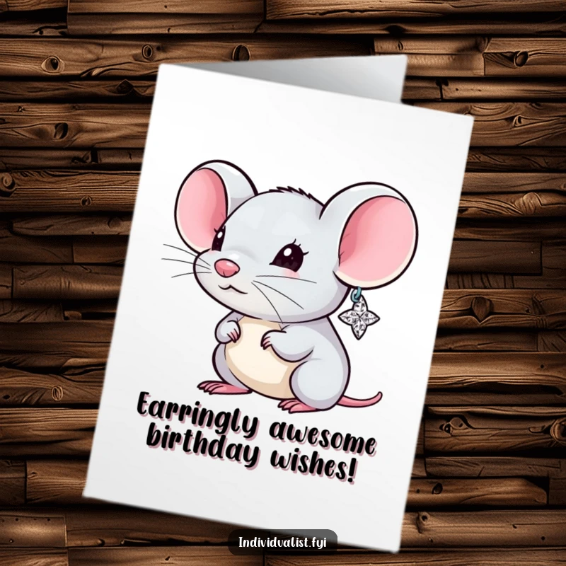 Funny Free Printable Birthday Card: Tiny mouse with one giant sparkly earring, looking fabulous and ready to party.
