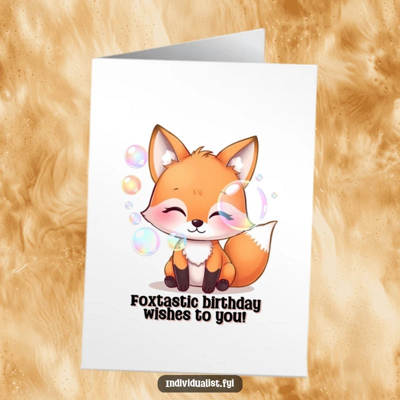 Funny Free Printable Birthday Card: Whimsical fox artistically blowing iridescent bubbles, celebrating with joy. This downloadable card is a cheerful surprise.