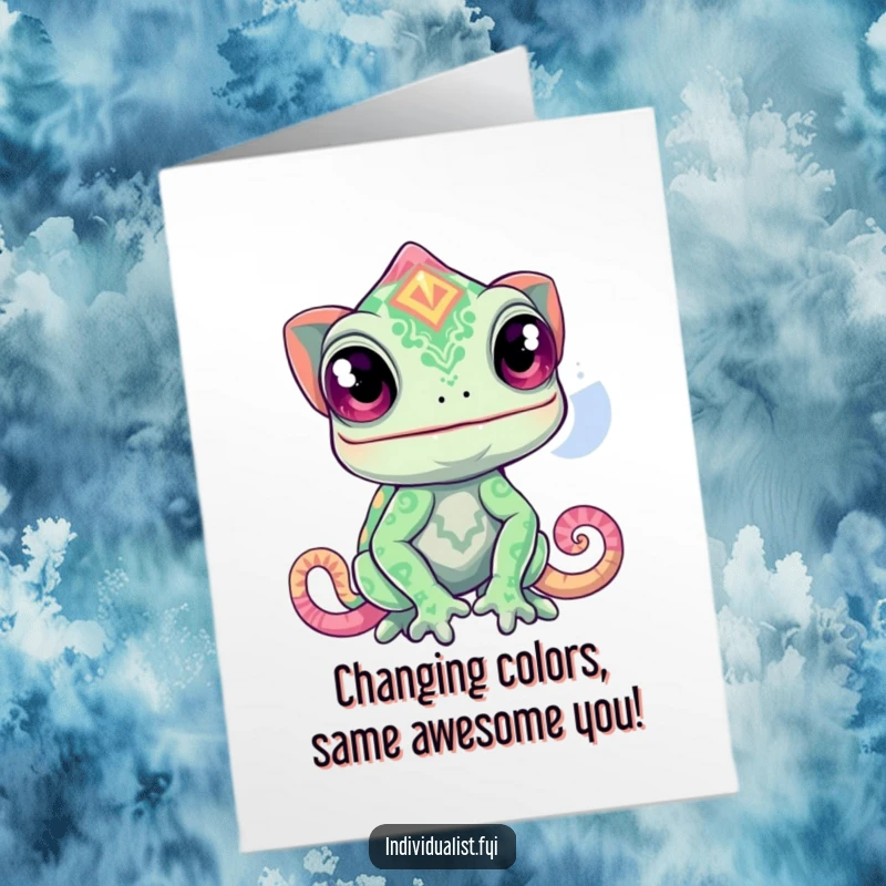 Funny Free Printable Birthday Card: Curious chameleon transforming into a dazzling, wildly unexpected vibrant pattern, full of surprise.