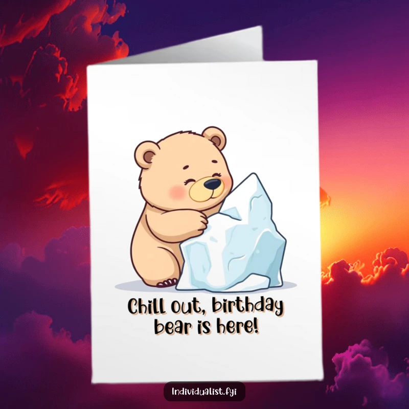 Funny Free Printable Birthday Card: A determined bear sculpts an intricate ice formation with intense focus, smiling with pride.