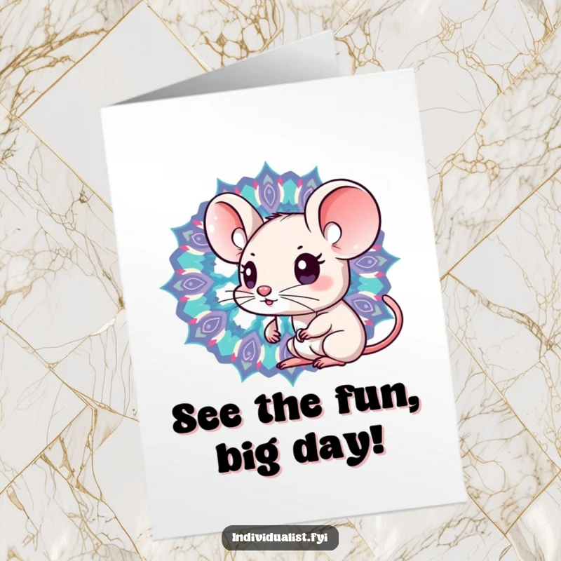 Funny Free Printable Birthday Card: Kawaii mouse with big eyes peeking into a colorful, patterned kaleidoscope.