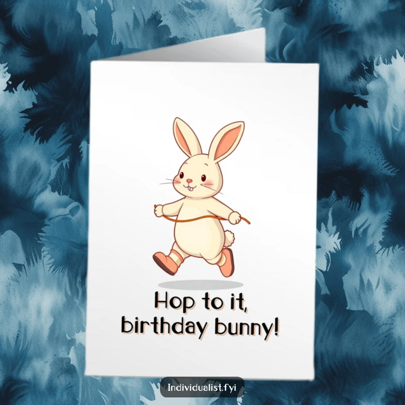 Funny Free Printable Birthday Card: Rabbit happily skipping rope solo in mismatched socks, celebrating with joyous energy.