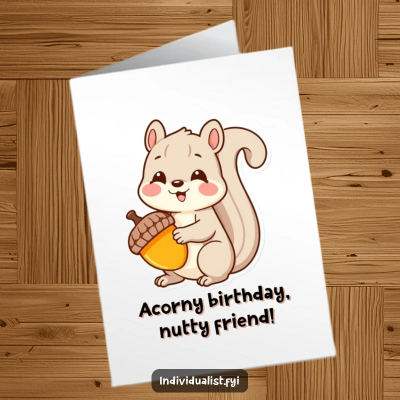 Funny Free Printable Kawaii Squirrel Birthday Card, a delighted squirrel holding a brightly colored, uniquely shaped acorn, perfect for a DIY gift.
