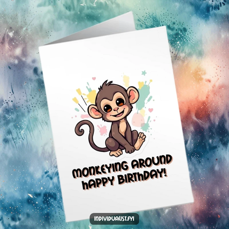 Funny Free Printable Birthday Card: Mischievous monkey painting abstract art with its tail, wild and creative gift.