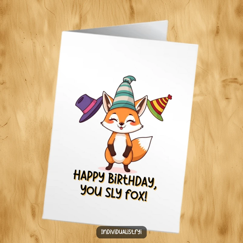 Funny Free Printable Birthday Card: A lively fox expertly juggling three colorful, eccentric hats, ready to celebrate with flair.