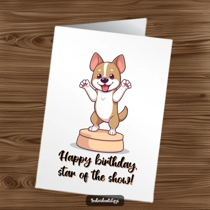 Funny Free Printable Birthday Card: Dog striking a dramatic pose on a platform, ready to celebrate a birthday with flair.
