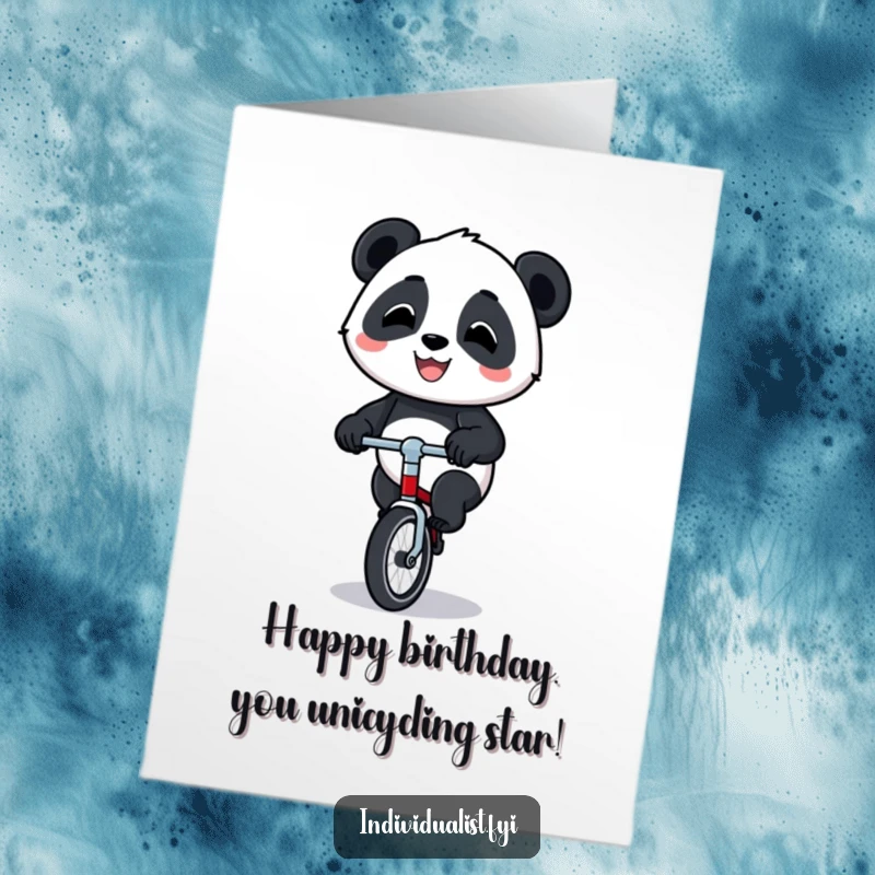 Funny Free Printable Birthday Card: Happy panda proudly riding a tiny unicycle, perfect for a birthday wish.