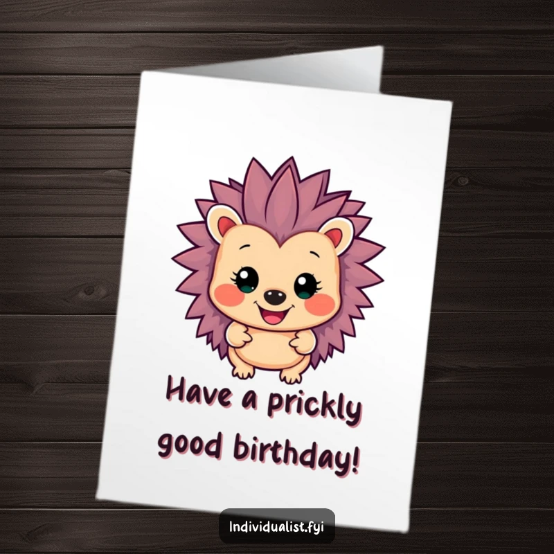 Funny Free Printable Birthday Card: Smiling hedgehog with neon-bright spikes in rainbow colors, radiating cheerful energy.
