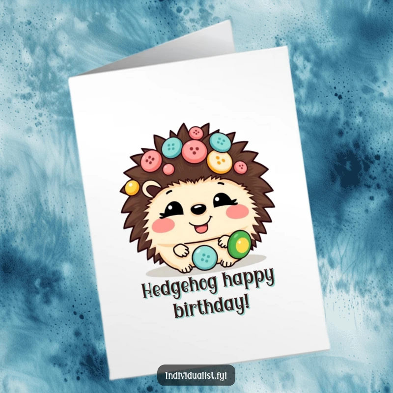 Funny Free Printable Hedgehog Birthday Card: A cute hedgehog covered in mismatched buttons, bursting with laughter.