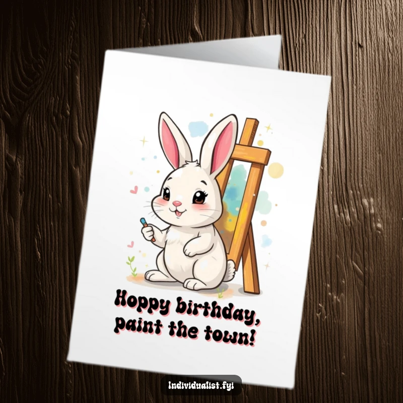 Funny Free Printable Birthday Card: A cheerful rabbit happily painting a surreal, abstract art piece, celebrating creativity.