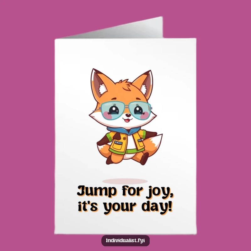 Free Printable Birthday Card: Jumping Fox in Fun Outfit for a Cheerful Gift