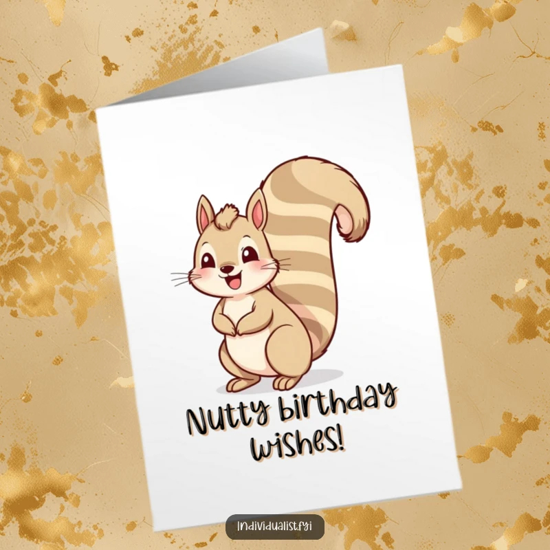 Funny Free Printable Squirrel Birthday Card: A cheerful squirrel proudly showing off its comically long, striped tail.
