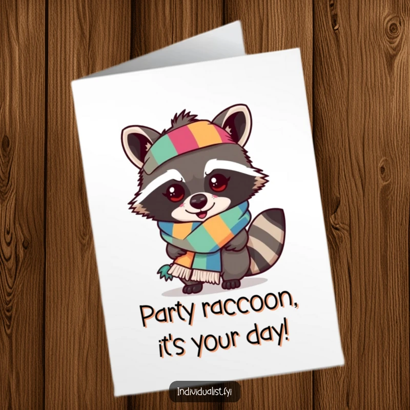 Funny Free Printable Birthday Card: Mischievous raccoon proudly wearing an extremely outlandish, multi-colored scarf, looking sassy.