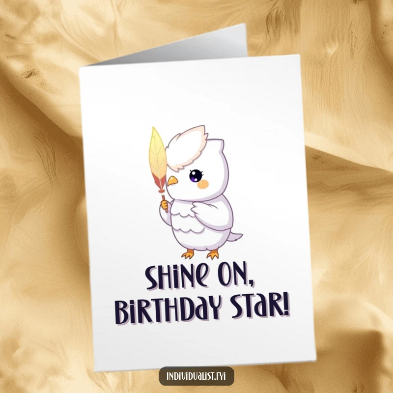 Funny Free Printable Birthday Card: A unique creature with a glowing aura proudly displays a single, beautifully hand-painted feather.