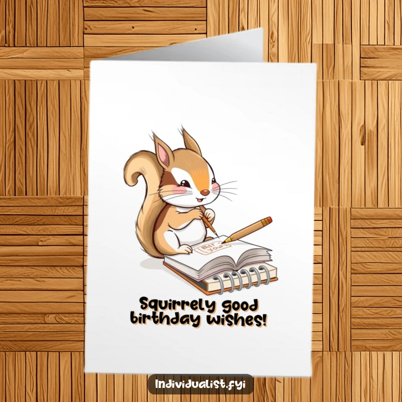 Funny Free Printable Birthday Card: A cute squirrel artist sketching a masterpiece in a tiny notebook, celebrating with style.
