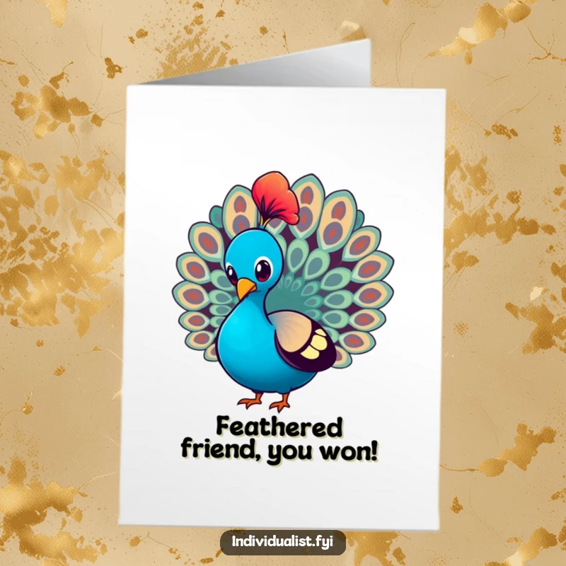 Funny Free Printable Congratulations Card: A proud peacock showing off a single, exceptionally bright and colorful feather.