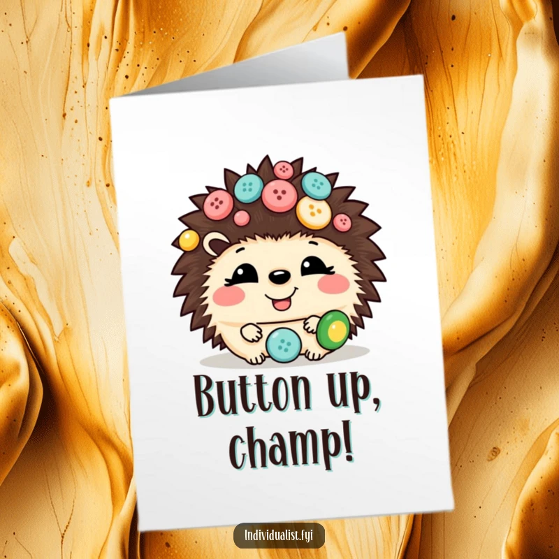 Funny Free Printable Hedgehog Congrats Card: A giggling hedgehog covered in quirky buttons, celebrating your amazing achievement.