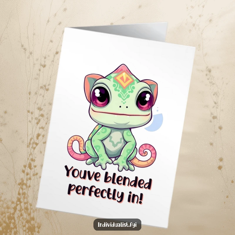 Free Printable Congratulations Card: Curious chameleon displaying a wildly vibrant and unexpected pattern, symbolizing dynamic achievement.