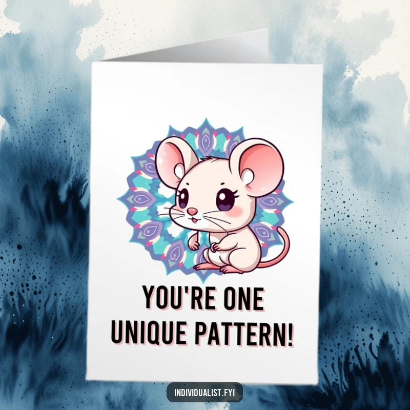 Funny Free Printable Congrats Card: Kawaii mouse marveling at a vibrant kaleidoscope, symbolizing new perspectives.
