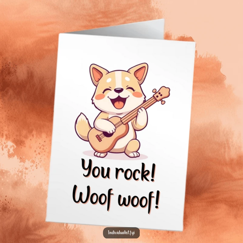Funny Free Printable Congratulations Card: Happy dog playing a peculiar, multi-part musical instrument with gusto and a wagging tail.