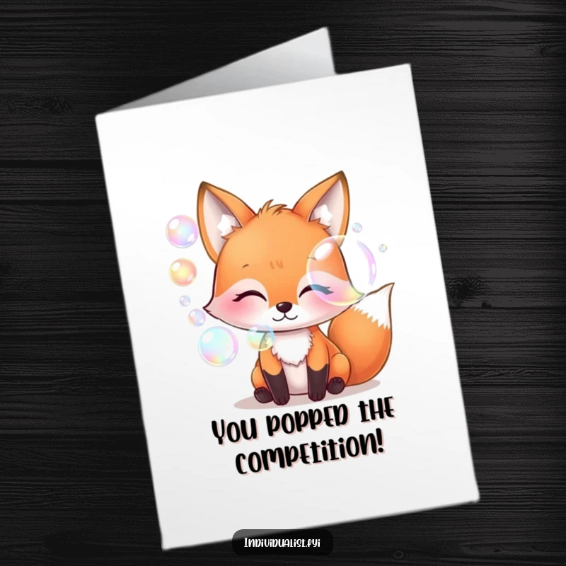 Funny Free Printable Congratulations Card: Adorable fox creating a cascade of shimmering iridescent bubbles, signifying a grand success. Downloadable and delightful.